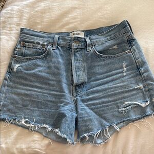 Agolde Parker Long Blue Jean Shorts Distressed Raw Hem